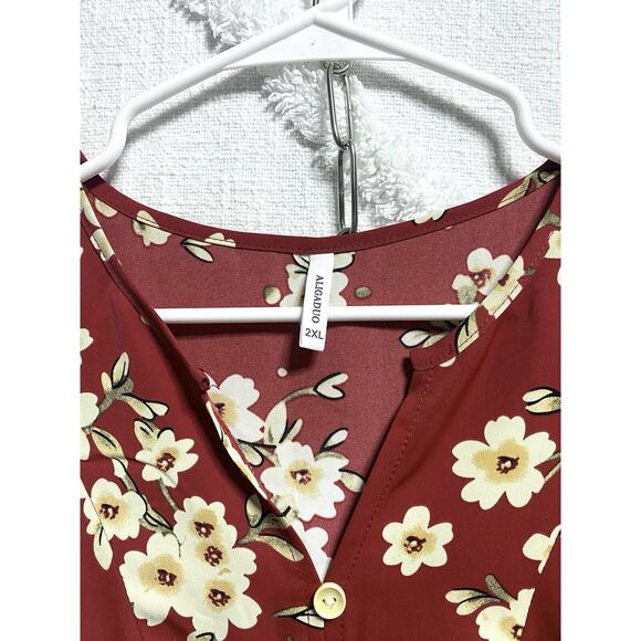 Aligaduo Summer Women’s V-neck Tunic Shirt Red Floral 2XL - Picture 2 of 4